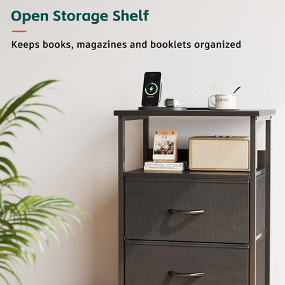 Flrrtenv Bedside Table with Charging Station, Smart Beside Cabinet, Nightstand with 2 Fabric Drawers & LED Light