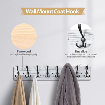 PHINGEER Wall Mounted Coat Hooks, Wooden Heavy Duty Coat Rack for Wall,8 Triple Coat Hanger Hooks for Hanging Coats,Jacket,Hat,Clothes(Grey White, 8