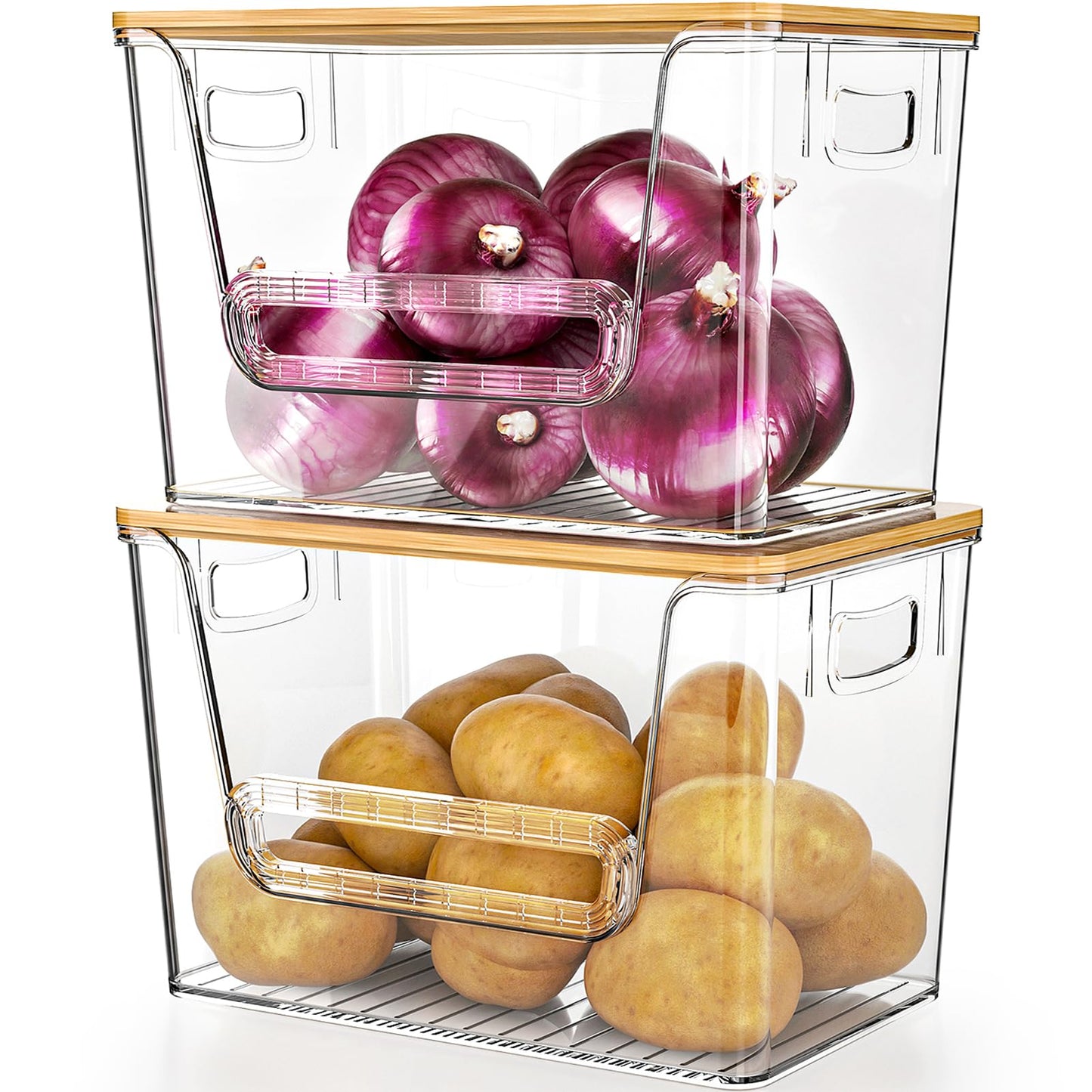 Delamu 2 Pack Fruit ＆ Vegetable Storage Basket, Kitchen Plastic Storage Baskets, Stackable Storage Bins with Bamboo Top for Potato and Onion Storage