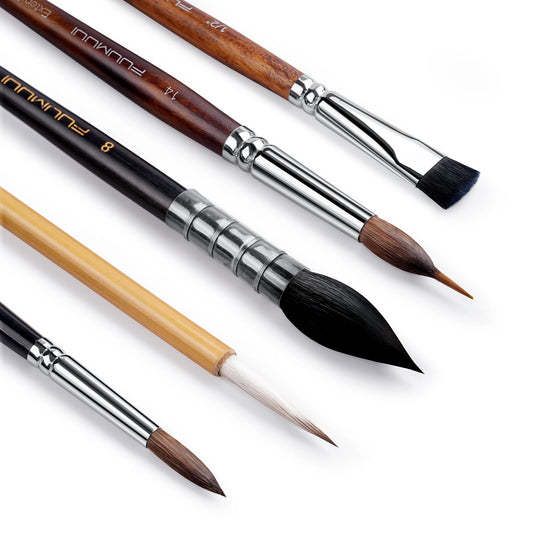 Fuumuui 5pcs Professional Watercolor Brush Set ? Mixed Tips for Detail, Wash, Calligraphy & Texture Effects for Watercolour Gouache Inks Painting