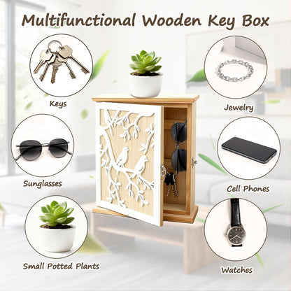 Wooden Key Cabinet, White Bird Wood Key Cupboard Wall Mounted Vintage Wooden Key Storage Box 26 × 20 × 6cm with 6 Hooks Can Store Jewelry and Small