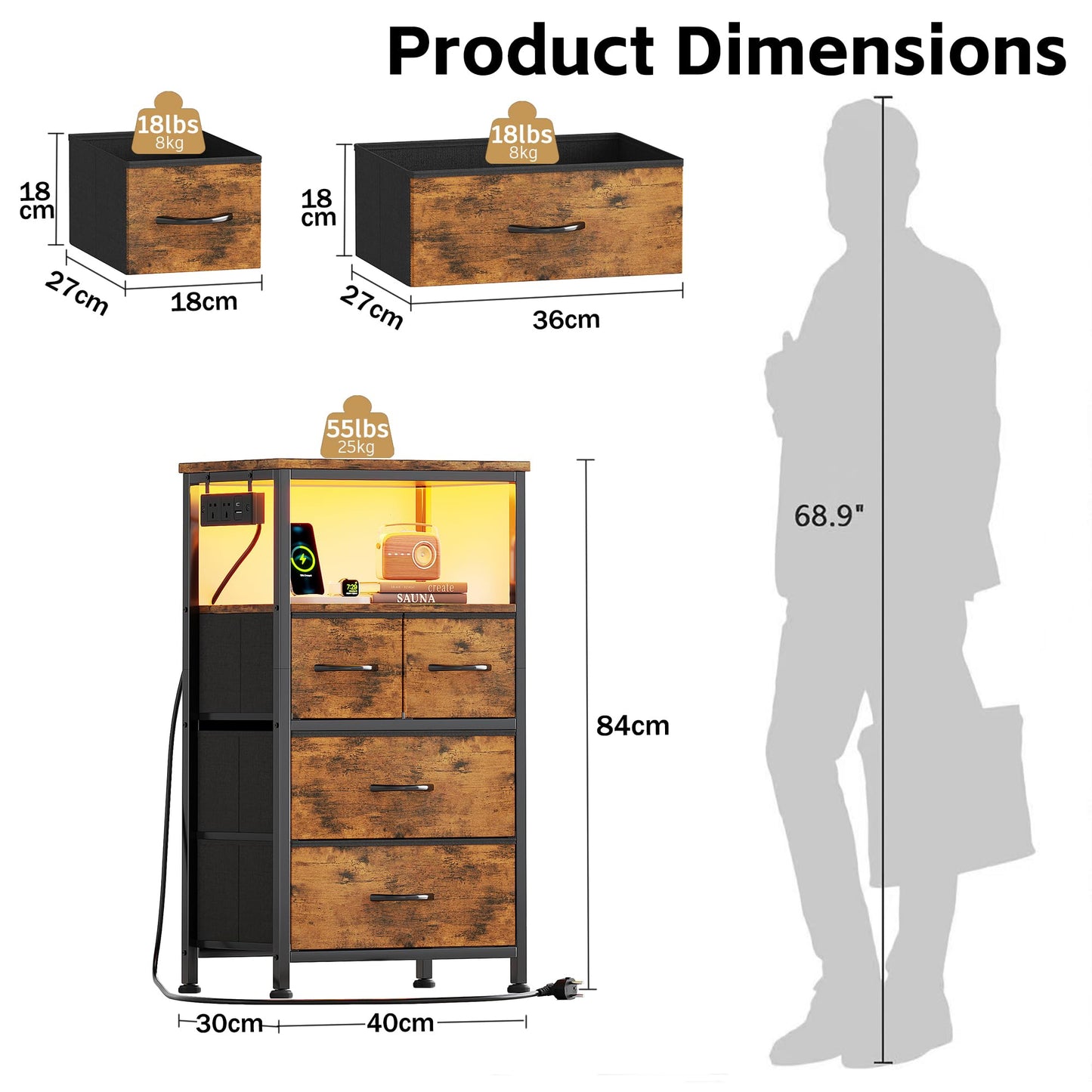Flrrtenv Bedside Table with Charging Station, 4 Drawers Bedside Cabinet for Bedroom, LED Night Stand with Storage Shelf
