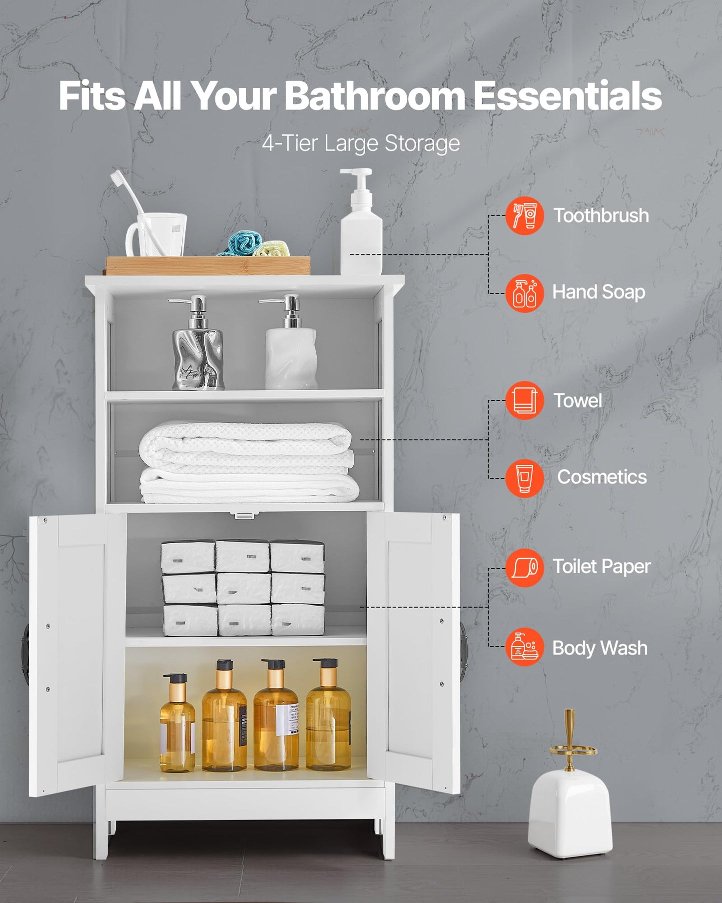 VEVOR Bathroom Floor Cabinet, 4-Tier, Wooden Storage Organizer with 2 Doors and Adjustable Shelf