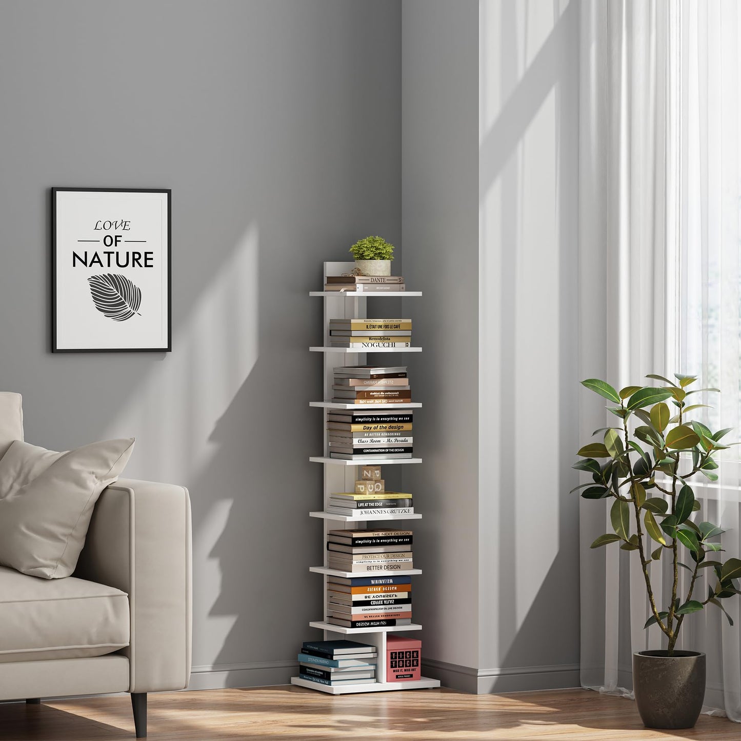 TUTOTAK Vertical Bookshelf, 8-Tier Bookcase, Narrow Spine Book Shelf for Small Space, Corner Standing Shelf for Living Room, Office, Study, Entryway