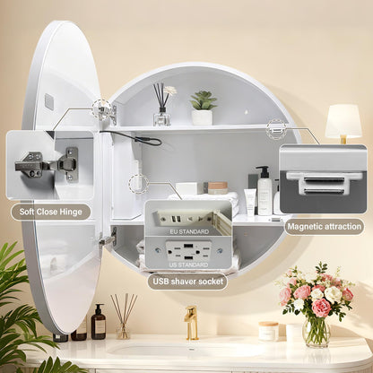KAASUNES Round Mirror Cabinet with Light,Aluminum Framed,3 Colors Temperature&Dimmer,USB Shaver Socket,Defogger,71cm,white