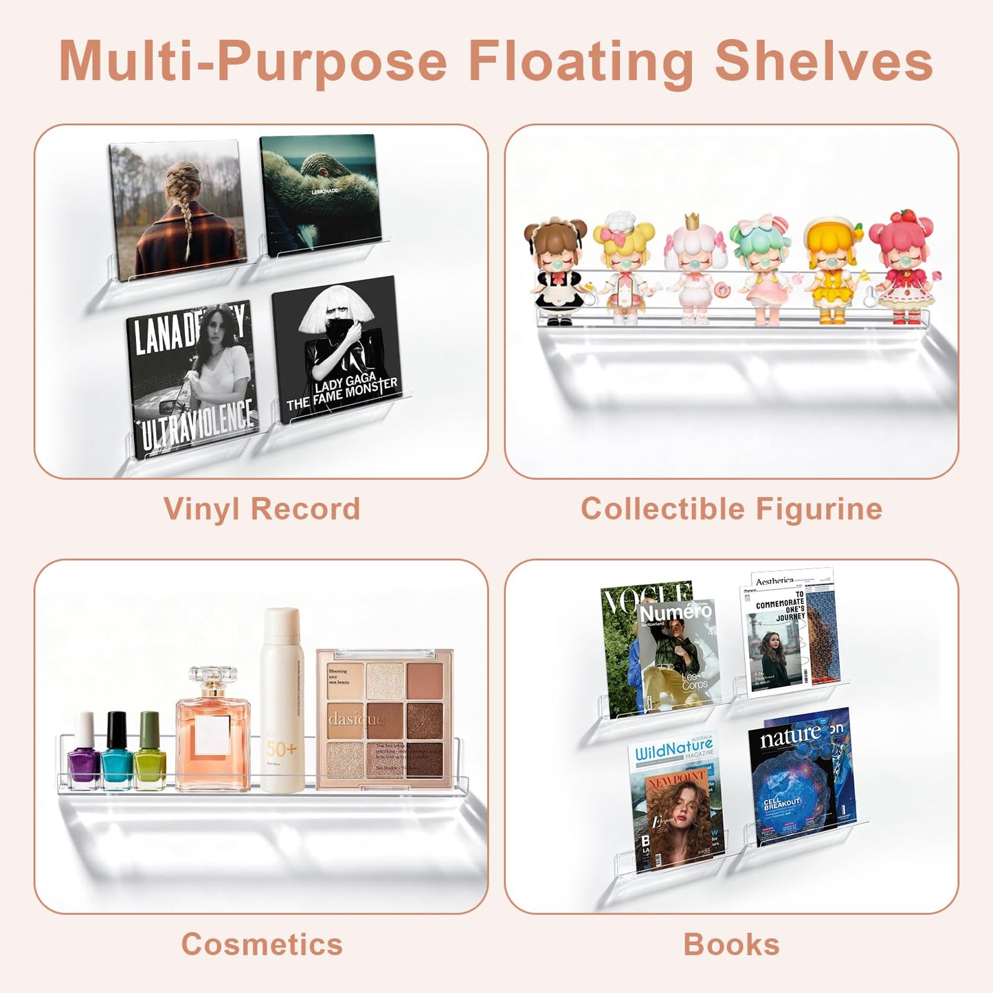 Dezzer 6 Pack Vinyl Record Shelf Wall Mount, 30.2 cm Acrylic Vinyl Holder for Album Record Storage & Display, Clear Floating Shelf for Kids Bookshelf