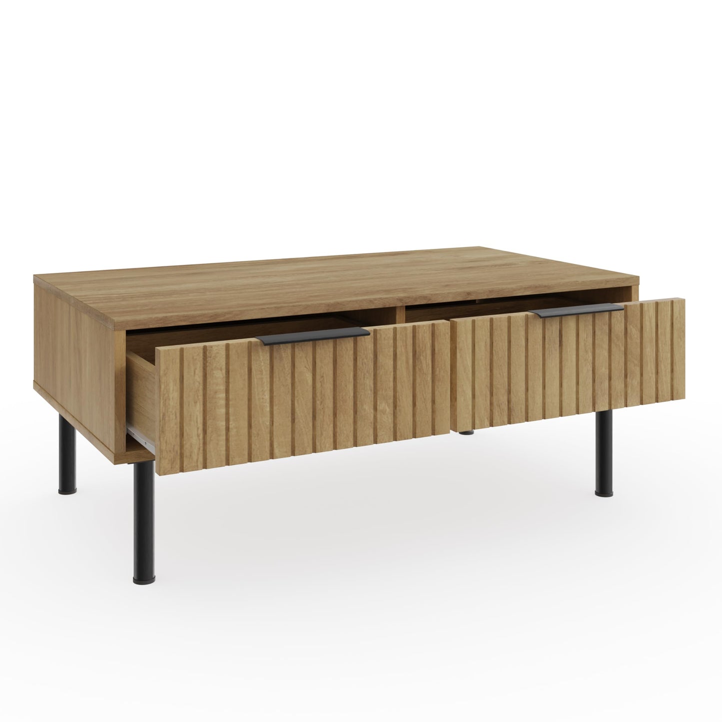GFW Nervata Coffee Table, Oak Effect Coffee Table with 2 Drawers, Art Deco Style Living Room Table with Gold Accents and Wood Grain Texture