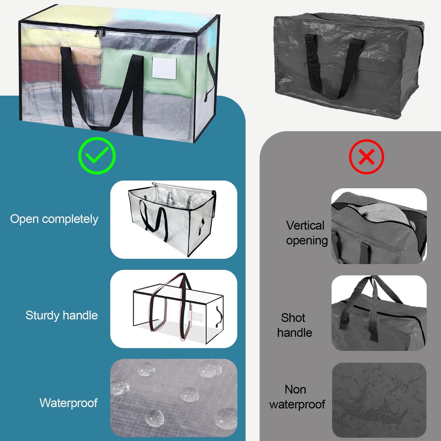 FANFX 2 Packs Heavy-Duty Storage Bags, Moving Oversized Organizer Tote, Clear Waterproof Sustainable Storage Bags with Zips for Moving