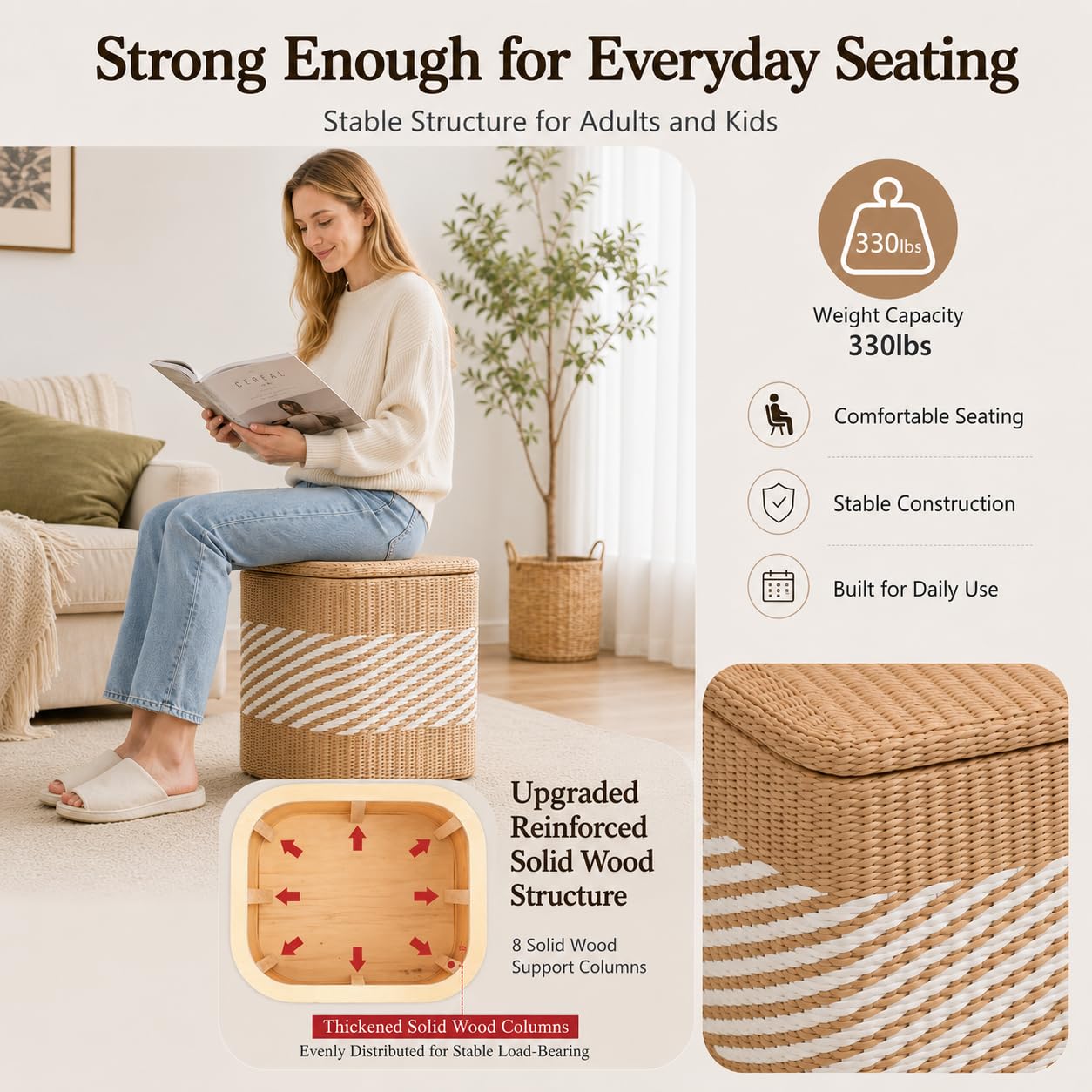 Aringceton Handwoven Storage Ottoman with Lid, Natural Straw Foot Stool