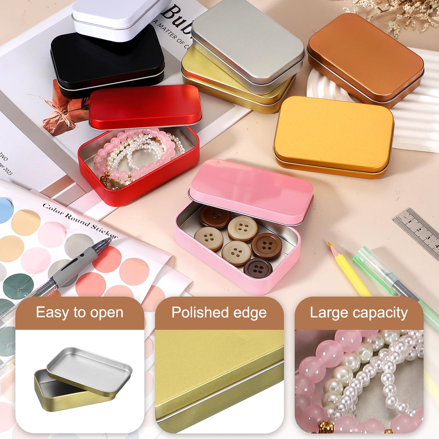 sourcing map 2Pcs Metal Tin Box Container, 3.7x2.4x0.9 Rectangular Empty Box with Self Adhesive Colored Stickers