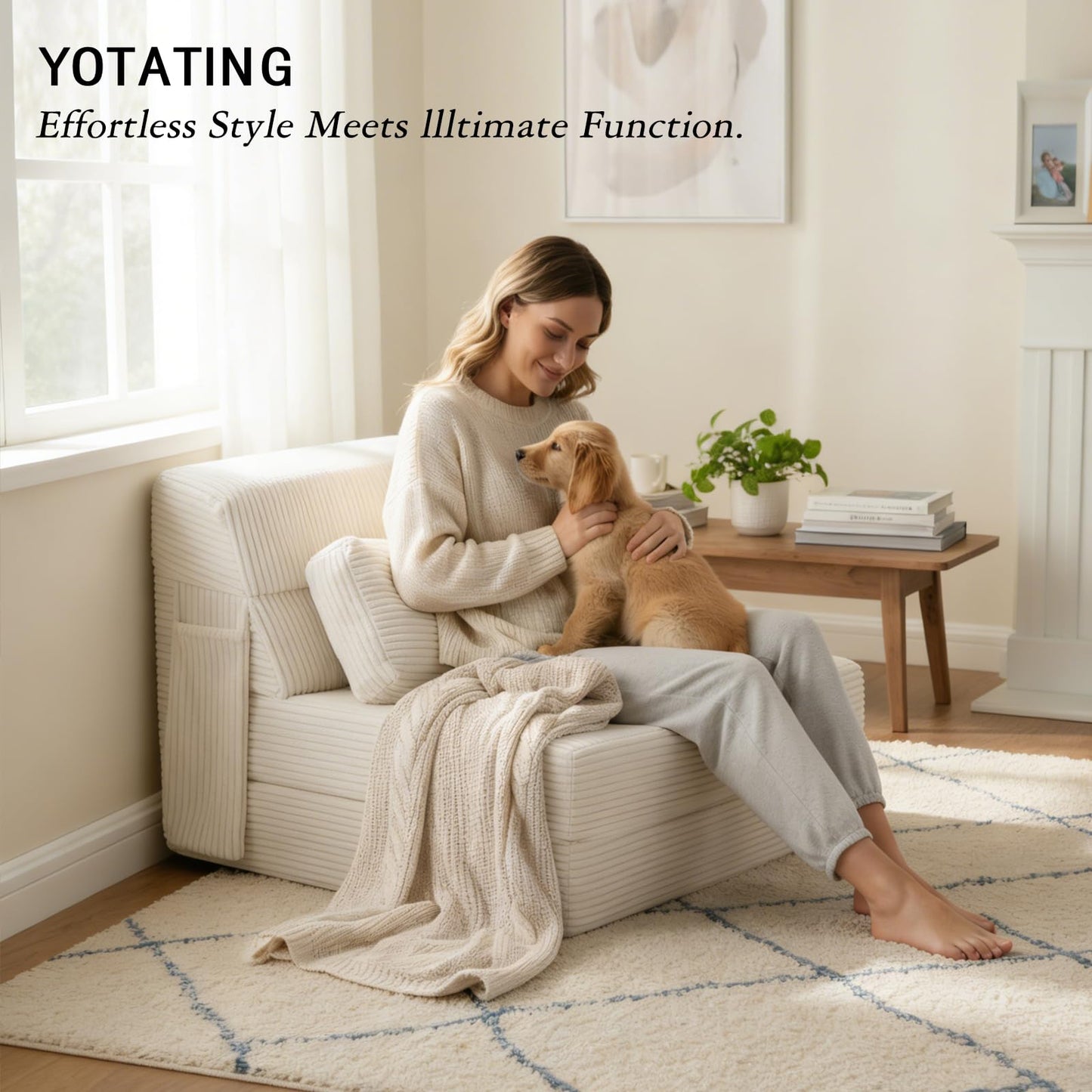 YOTATING Folding Sofa Bed with Pillow, Corduroy Convertible Sleeper Chair, Comfy Floor Futon Mattress Lounge Sofa for Adults
