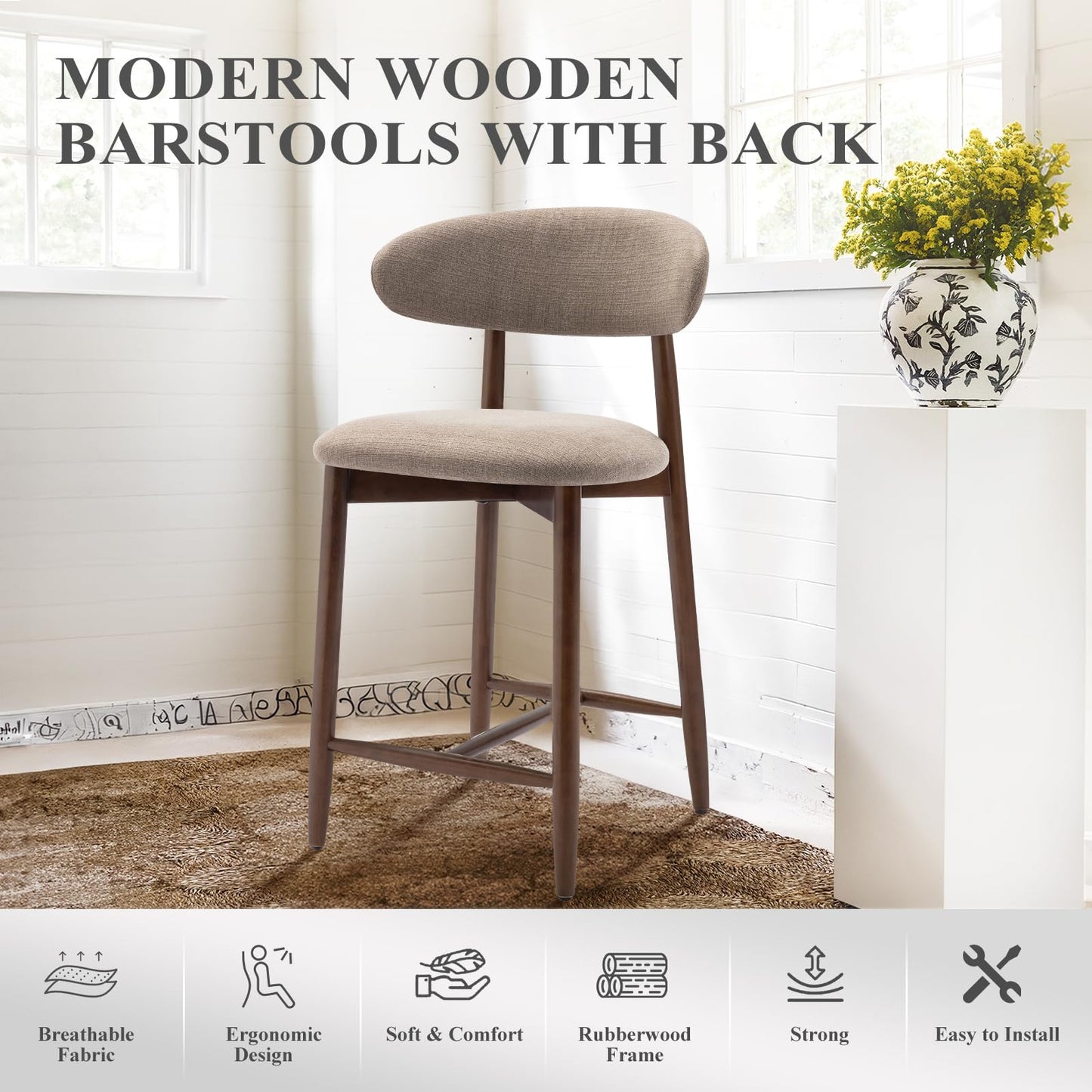 COLAMY 4PCS Counter Height Bar Stools with Back, Modern Upholstered Bar Chairs with Ergonomic Backrest & Footrest, Rubberwood Frame