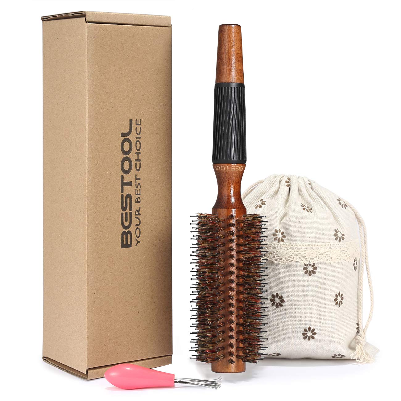 BESTOOL Round Brush for Blow Drying, Boar Bristle Round Hair Brush with Wooden Barrel, Large Styling Brush for Women & Men, Straightening, Curling,