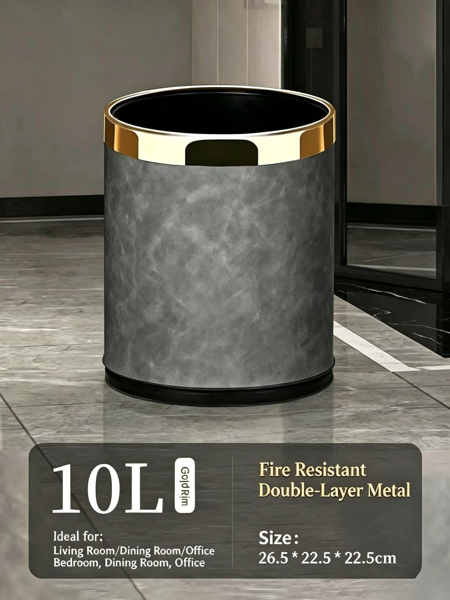 SXYLOB Luxury Metal Waste Bin 10L, Double Layer Trash Can PU Leather Covered Round Wastebasket Dust Bins for Kitchen Bathroom Hotel Office (Grey Hui)