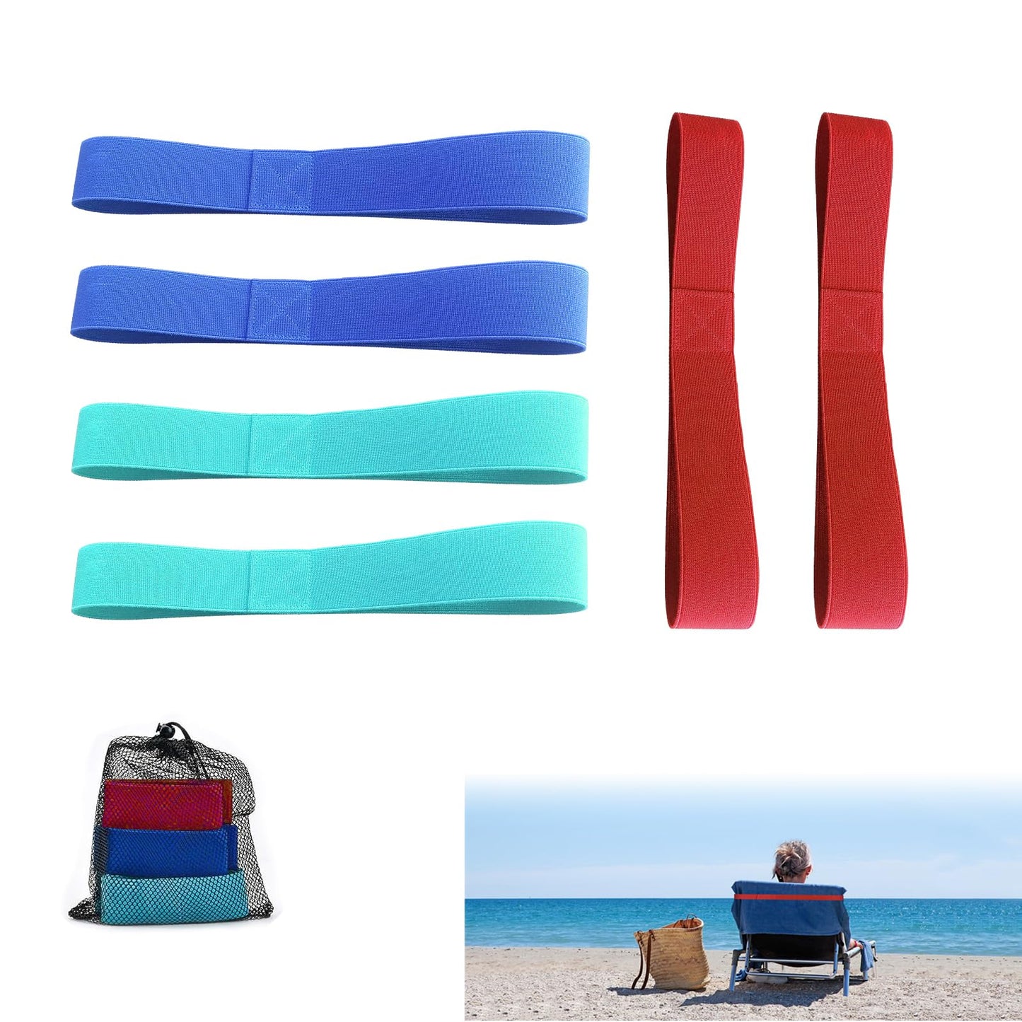 BORISCA 6 Pcs Beach Towel Bands, 3.8x40cm Towel Bands for Sun Loungers with Storage Bag, Elastic Towel Craber for Beach Chair, Towel Bands for Beach