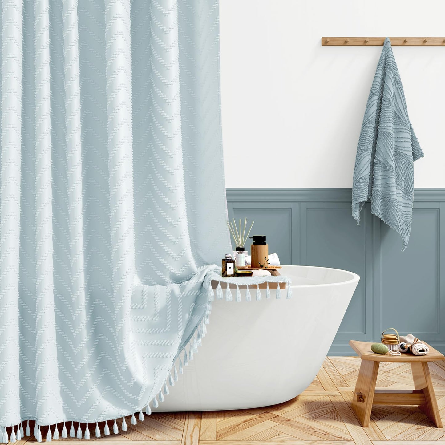 BTTN Boho Tufted Chevron Shower Curtain, 183x186cm with Tassel, Fog Blue
