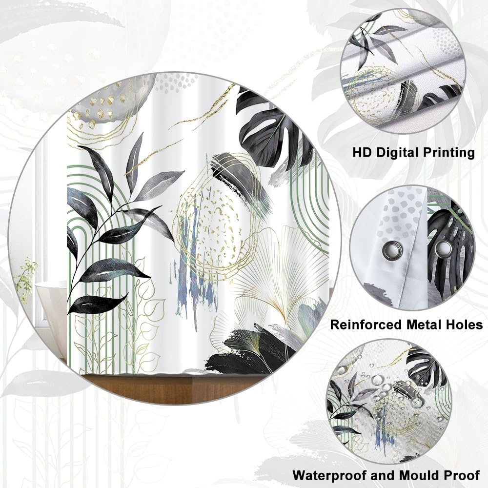 Uiiooazy Anti-Mould Shower Curtain, Narrow Shower Curtain 90 x 180 cm, Black Tropical Palm Leaves Jungle Small Bath Curtains Washable Waterproof
