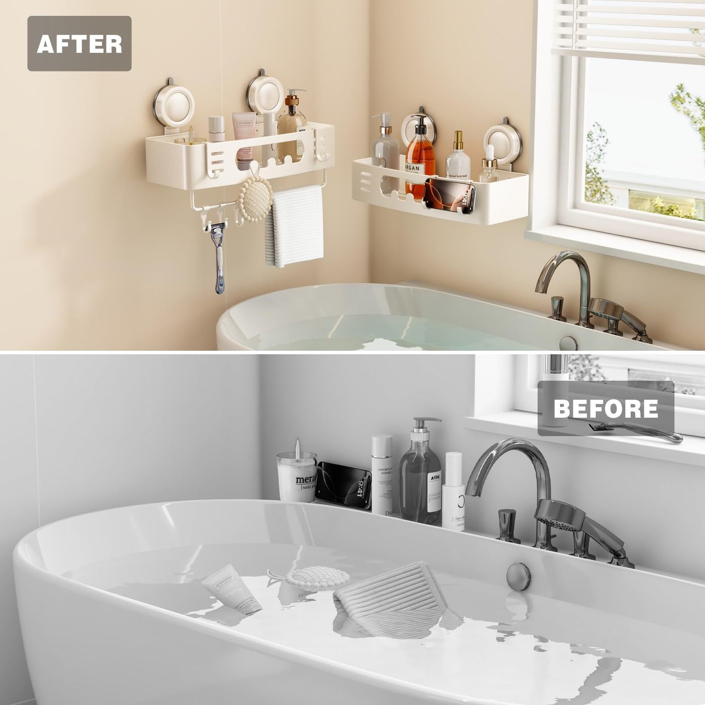Voldra Shower Caddy Suction Cup, Adhesive Bathroom Shelves Shower Storage Wall Mounted Aluminum Bathroom Caddy Stick on Shower Organiser Rack With 4