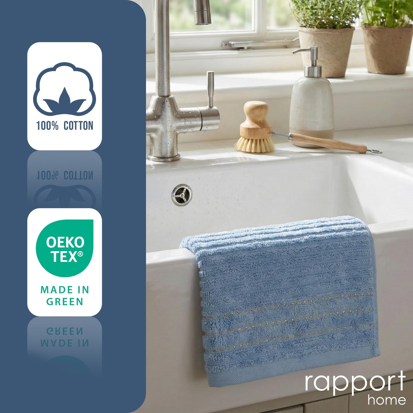 Rapport Home 2-Pack Linear Hand Towels | 50x85cm 100% Cotton 500GSM | Absorbent & Soft Bathroom Towel Set | Oeko-Tex Certified | Sky Blue