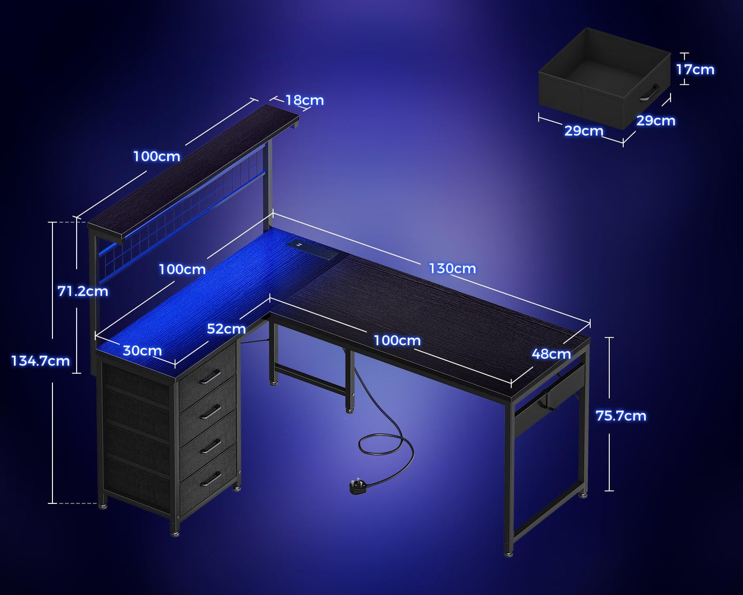 Coleshome L Shaped Gaming Desk with Drawers & Shelf, 130 × 100 cm