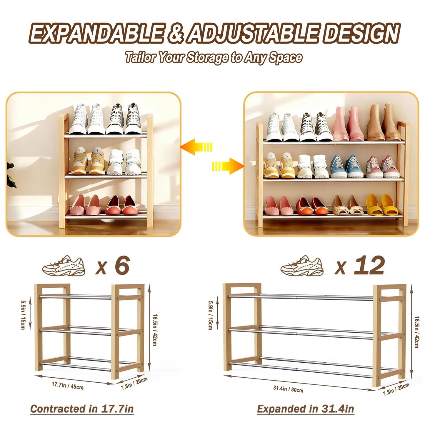 LEMIKKLE Shoe Rack Wooden, 3-Tier Oak Shoe Rack Expandable Stainless Steel Design, Ideal for Small Shoe Storage for Narrow Space