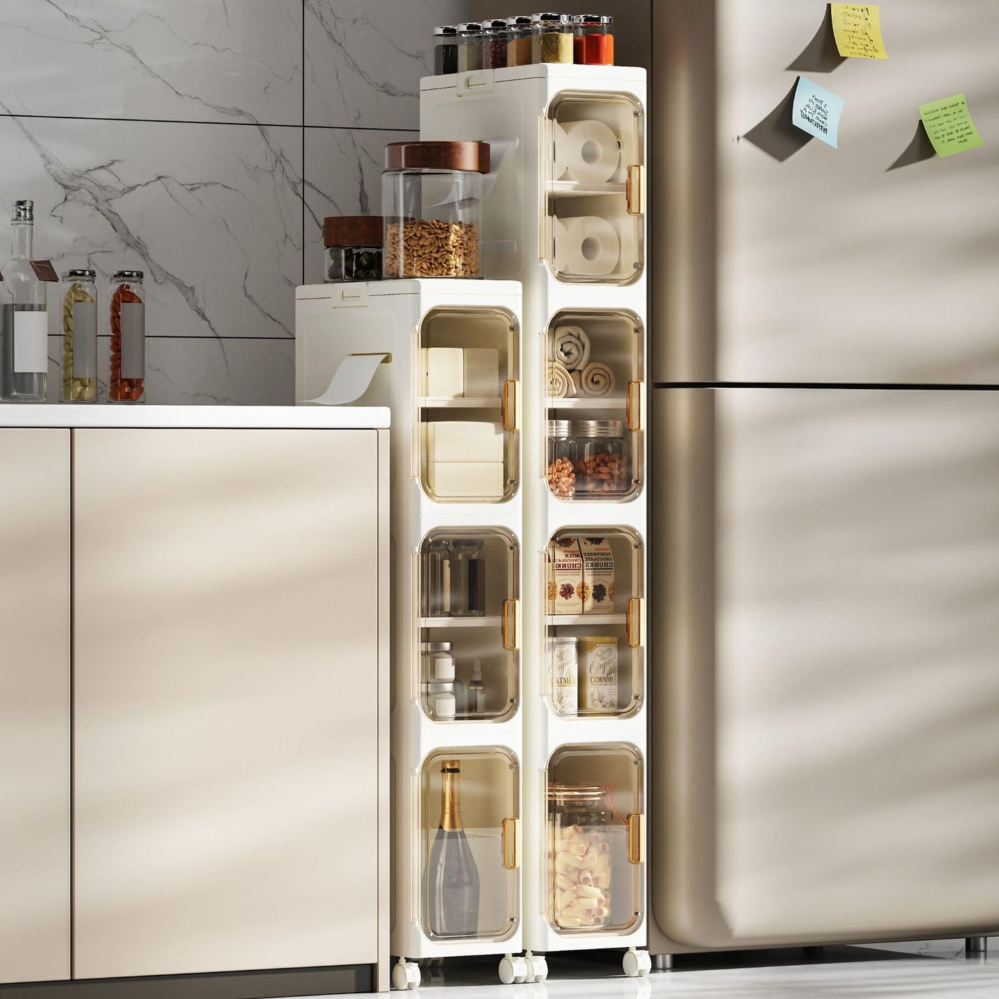 LSLANSOON Slim Bathroom Storage Cabinet, Narrow Foldable and Mobile Organizer for Small Spaces, Bathroom, Kitchen, Laundry Room, Living Room (2 Layer)
