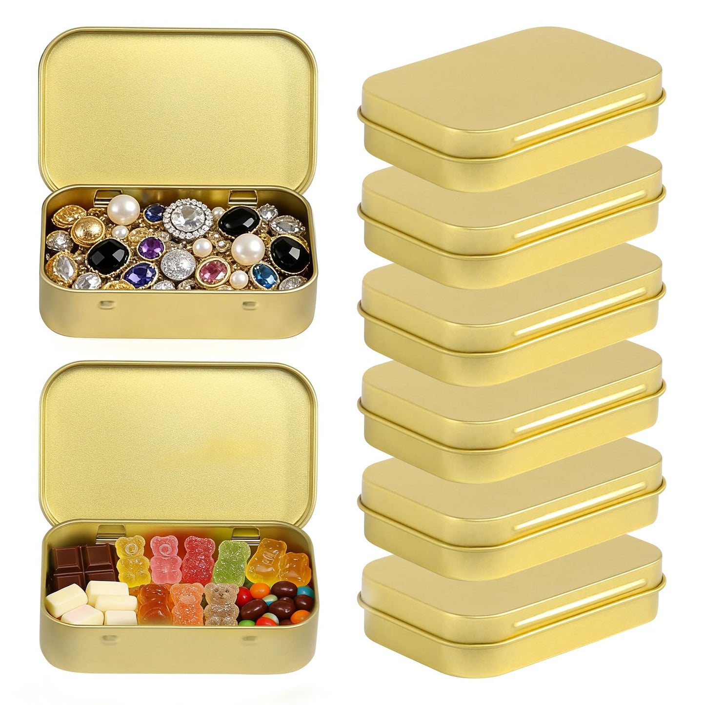 Gyism 6Pcs Golden Metal Rectangular Hinged Tin Container with Lids, 9.5×6×2cm Small Decorative Tins with Lids