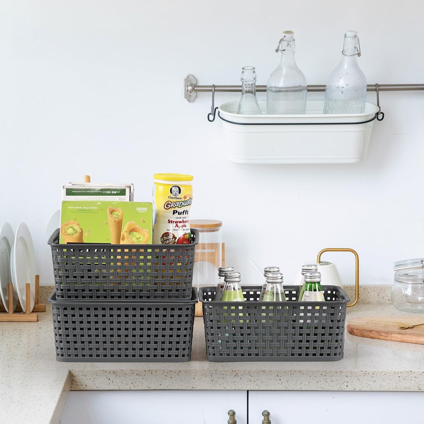 Bringer 6 Pack Plastic Woven Storage Basket with Lid, Stackable Lidded Storage Bins for Bathroom Kitchen Pantry Classroom, Grey