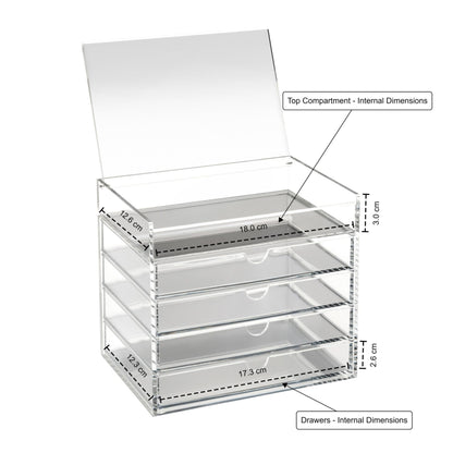 OSCO Clear Acrylic 5 Drawer Chest with Flip-Up Lid, Compact Storage Box for Makeup, Jewellery and Office Supplies, High-Grade Construction