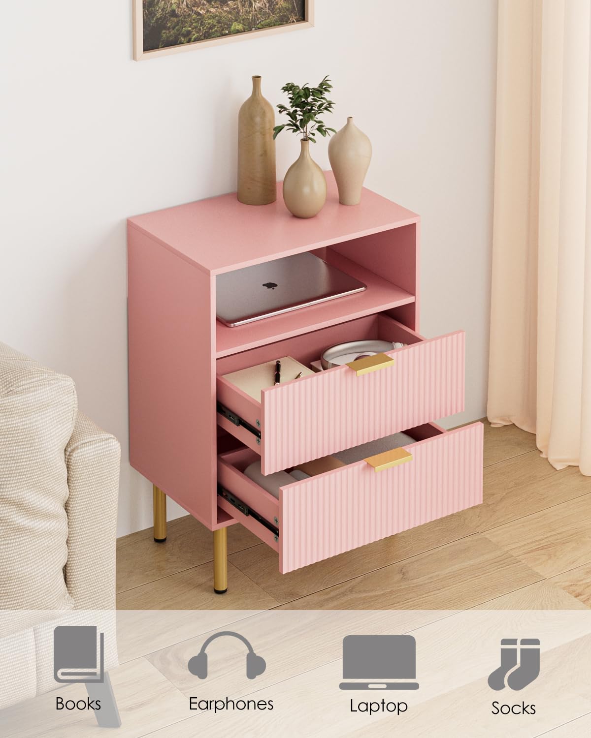 Apetaccat Bedside Table with 2 Drawers, Modern Bedside Cabniet with Metal Legs, Fluted Nightstand, Side Table for Bedroom, Living Room, Office, Pink