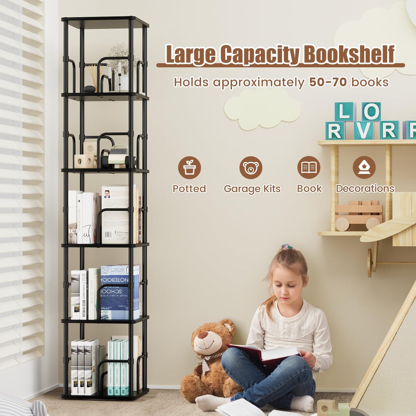 5 Tier Square Rotating Bookshelf, 360° Corner Bookshelf Tower, Small Size Revolving Bookcase with Adjustable Levels