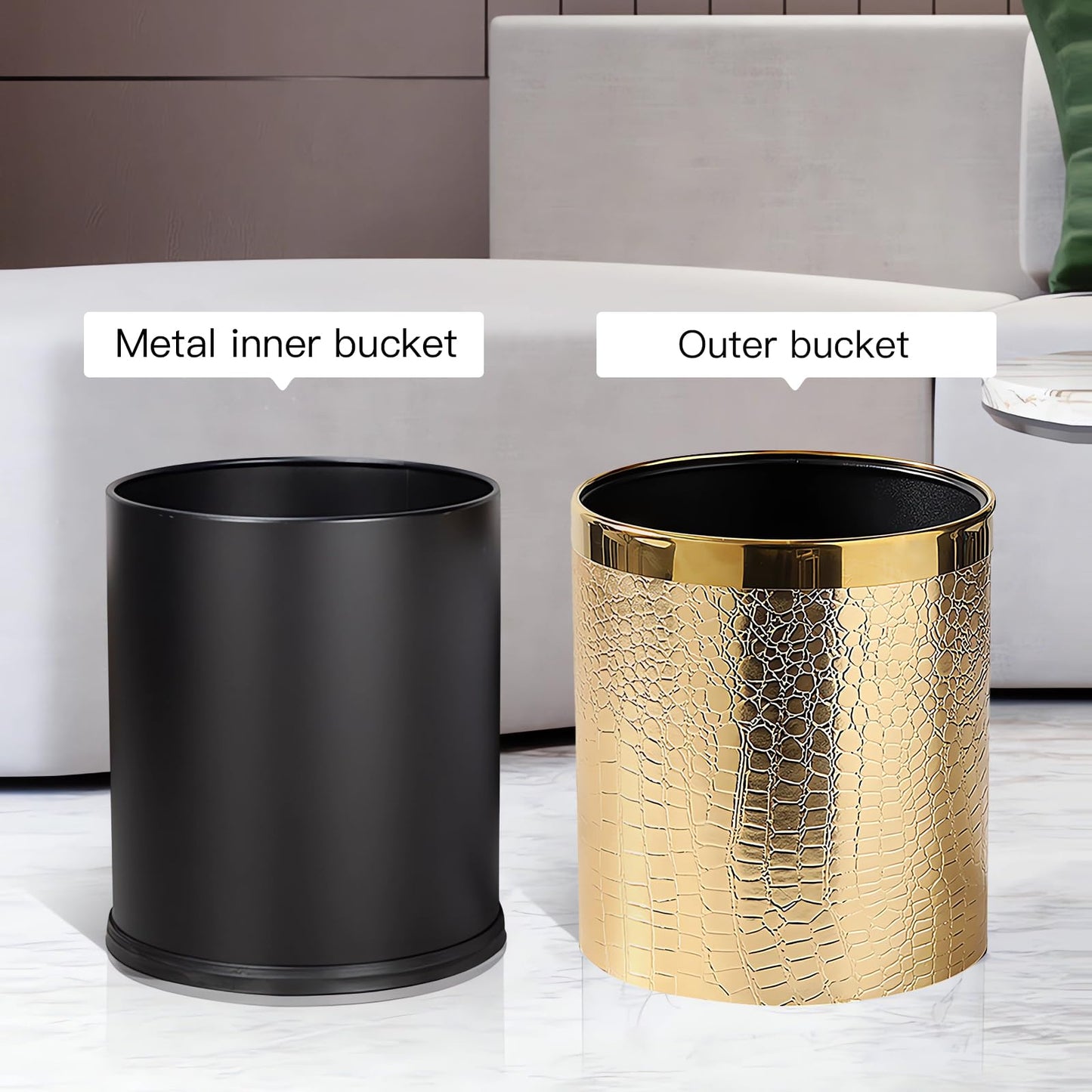 QLHIBLY Gold Trash Bin,10 Liters Metal Waste Bin for Bedroom,Office,Hotel