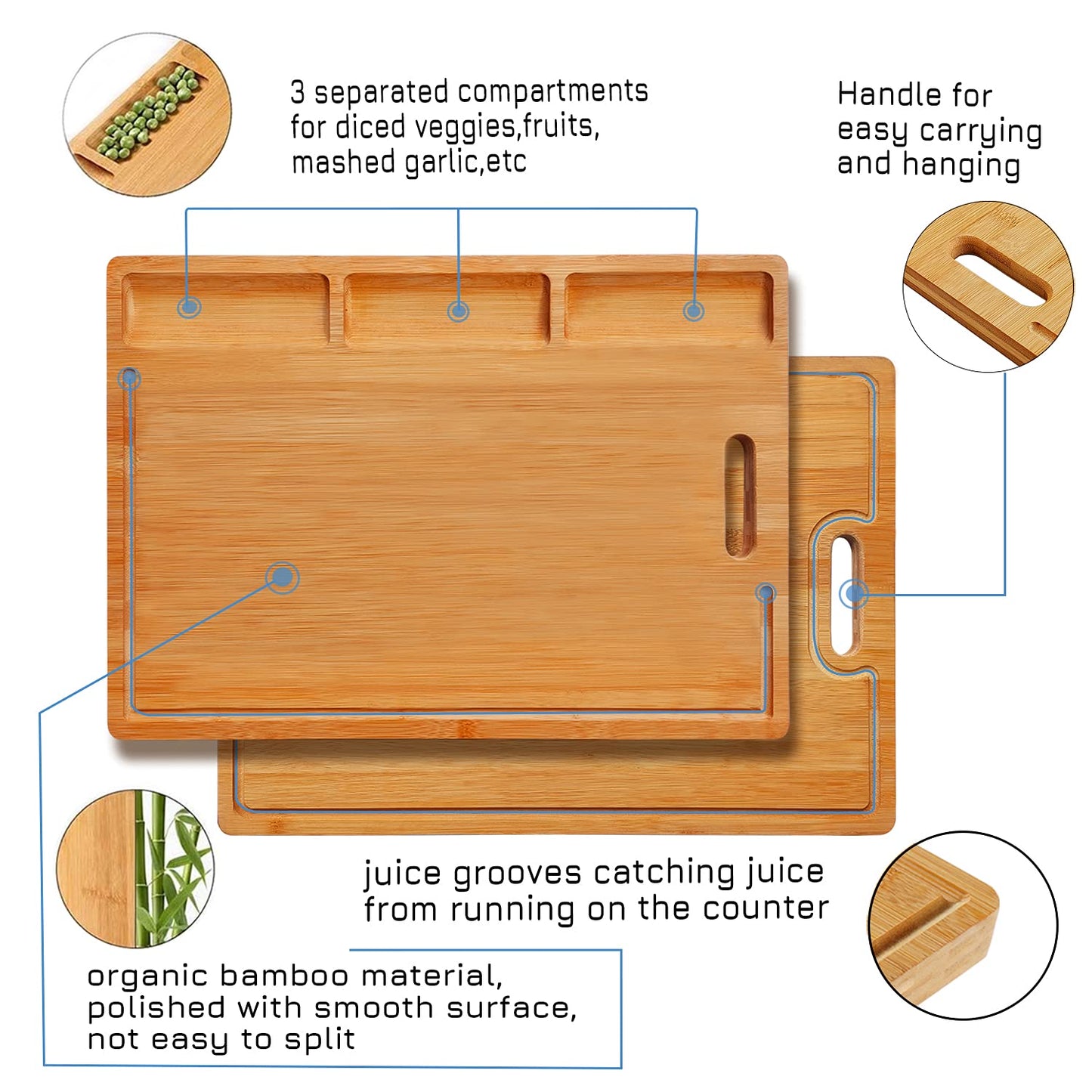 NIUXX Bamboo Cutting Board Kitchen, Extra Large Chopping Board with Built-in Compartments & Juice Grooves, 50 x 36 x 2 cm Carving Butcher Board with