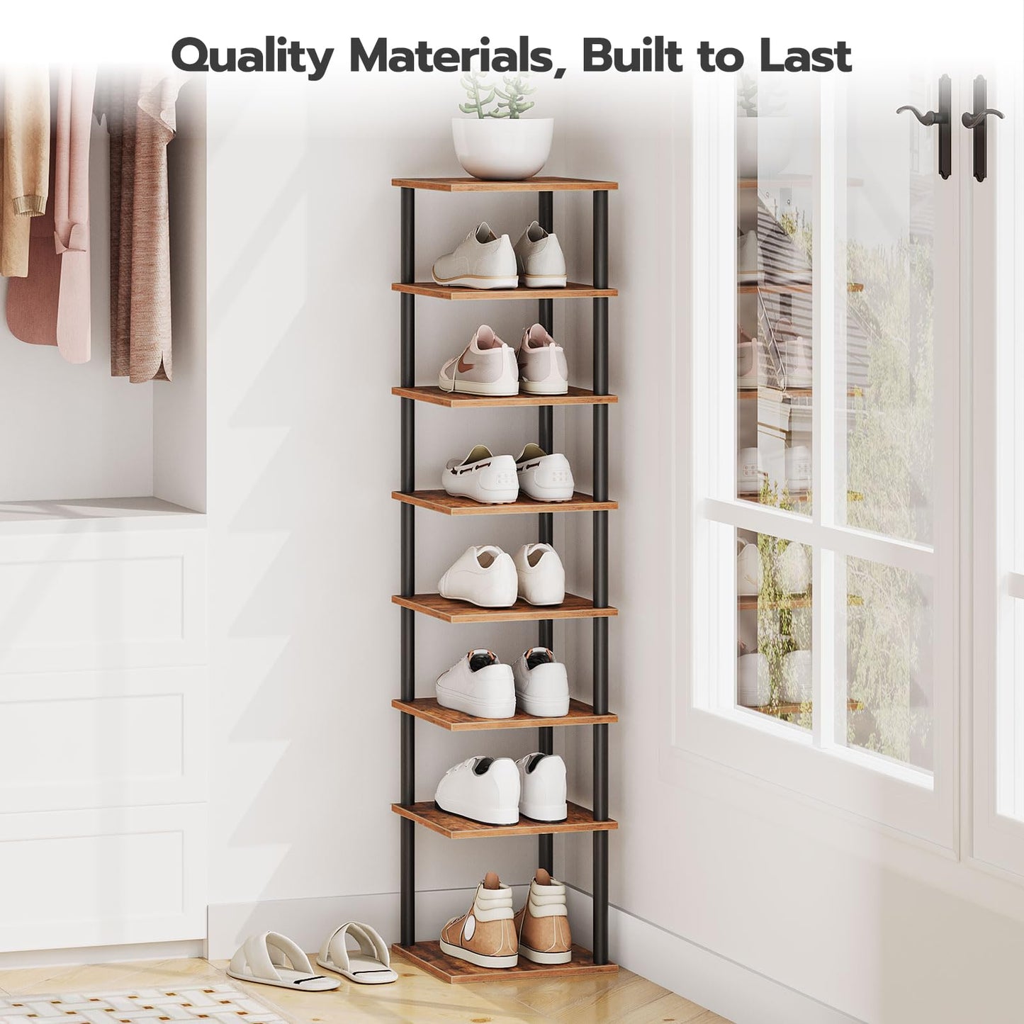 HOOBRO Tall Narrow Shoe Rack, 8-Tier Vertical Rack, Corner Shelf for Small Space, Slim Shoe Storage, Tall Shoe Rack for Closet, Entryway, Hallway