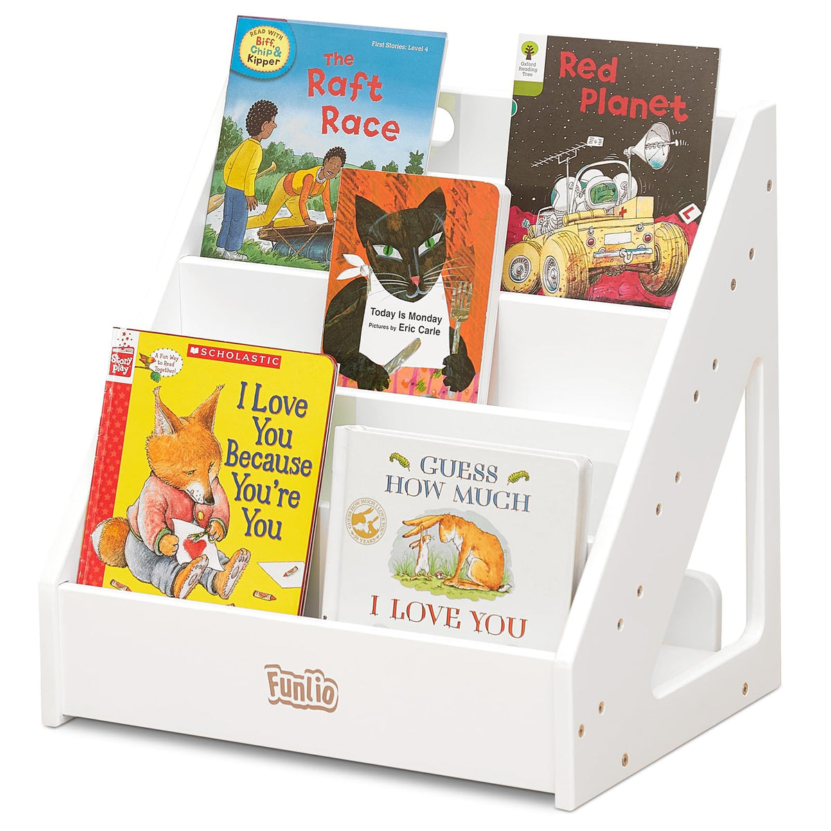 FUNLIO Montessori Kids Bookshelf for 1-5 Years, Premium Pine Childrens Bookcase with Anti-Tilting Device & Handle