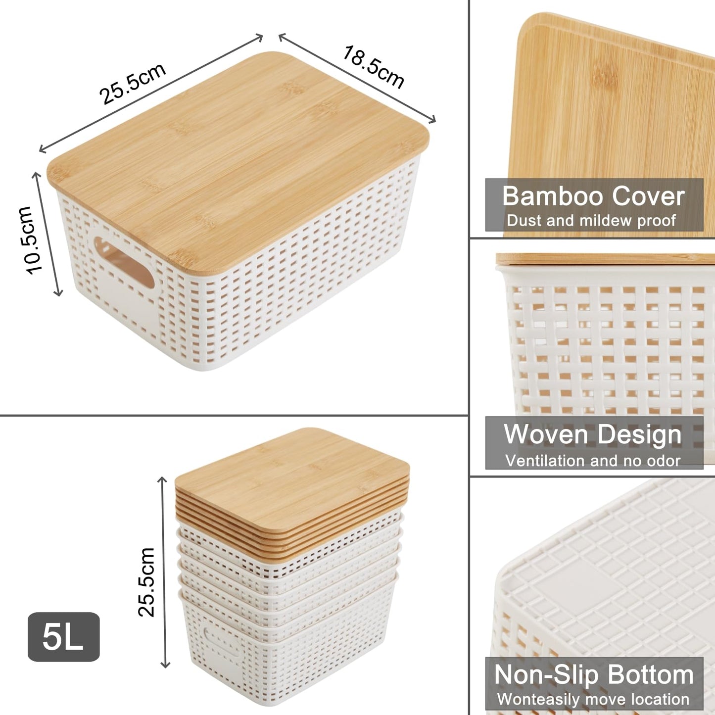 Sagittar Set of 6 Storage Boxes with Bamboo Lid, Imitation Rattan Plastic Storage Basket, Stackable Storage Bins, Ideal for Kitchen, Bathroom, Office