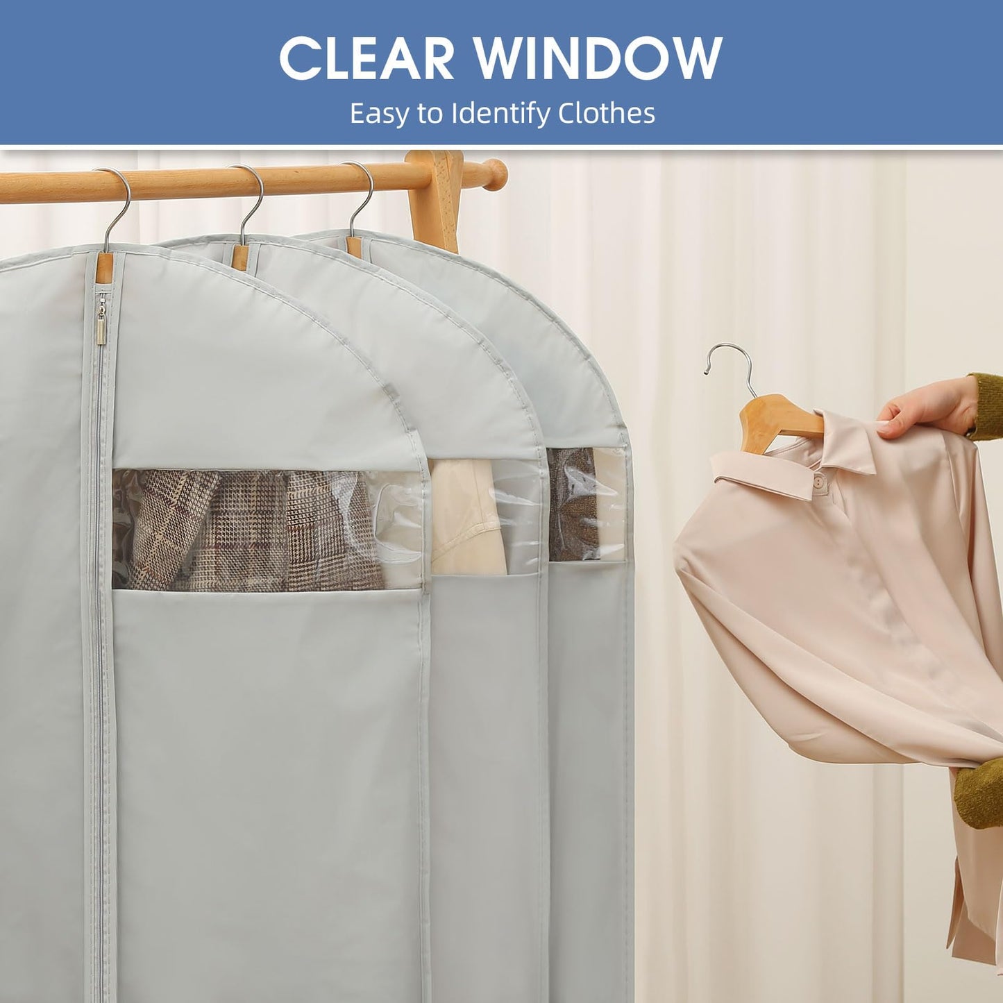 Perber Dress Bags for Gowns, 65'' Long Garment Bags for Hanging Clothes, Dress Garment Bag, Grey Dress Cover with Clear Window for Dresses, Coats