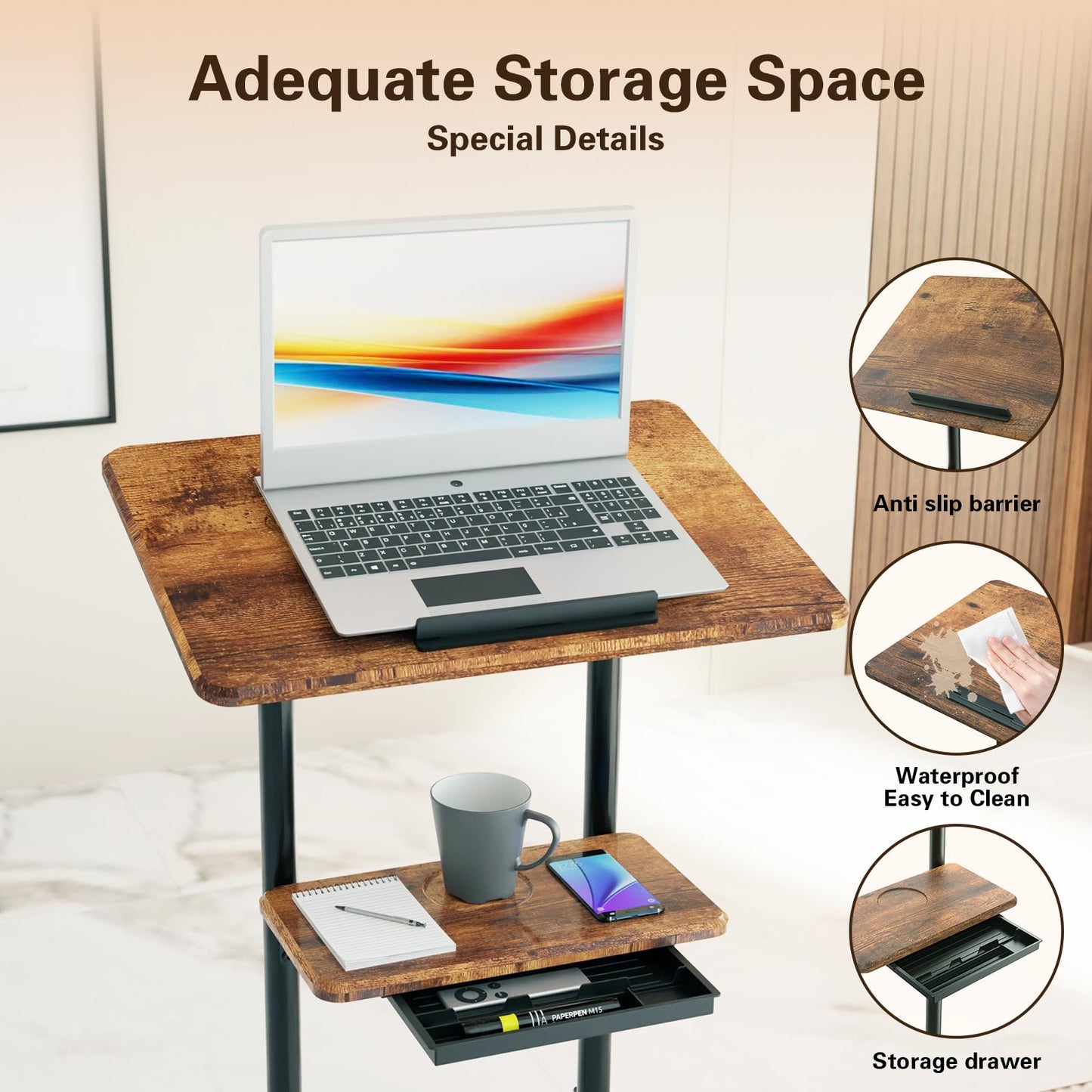ETHU Adjustable Mobile Laptop Desk with Storage Tray 106-132cm