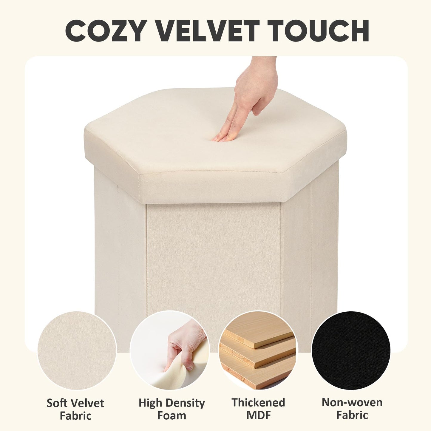 PINPLUS Hexagonal Storage Ottoman, Velvet Foldable Footstool, Cream White
