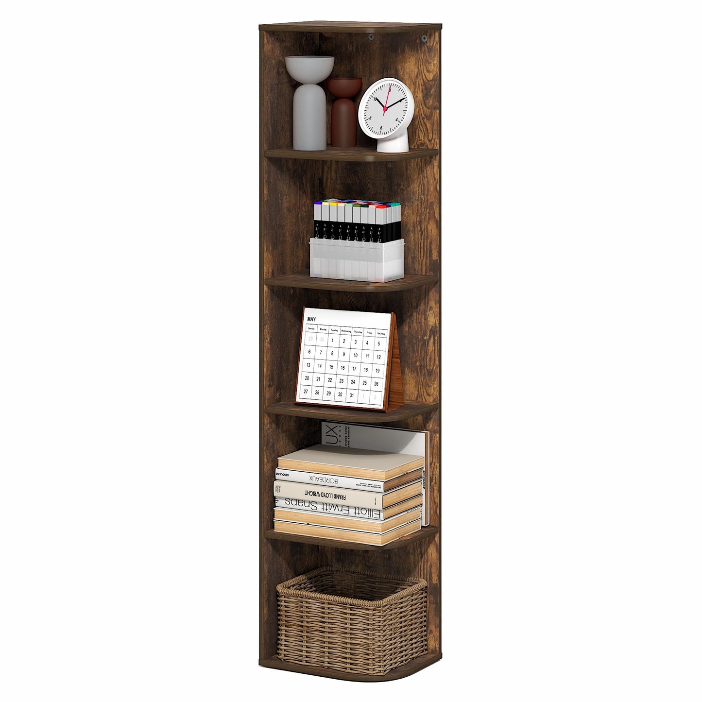 Furinno PASIR Book Shelf, 5-Tier Corner Bookshelf with Open Shelf, Standing Bookcase, 23.6 x 30.5 x 131.3 cm, for Organization and Storage