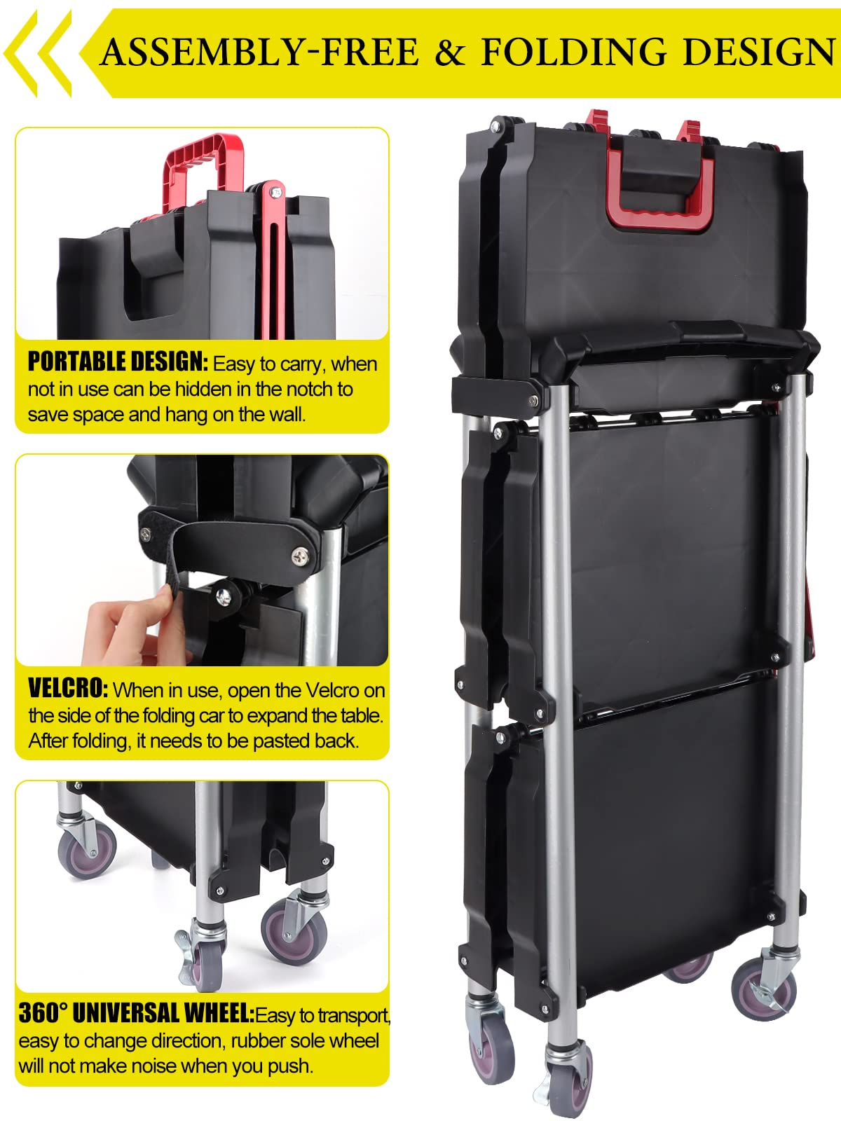 EBANKU 3-Tier Service Carts with Wheels, Foldable Rolling Cart with Locking Wheels Heavy Duty Kitchen Storage Shelves Garage Shelving Unit for