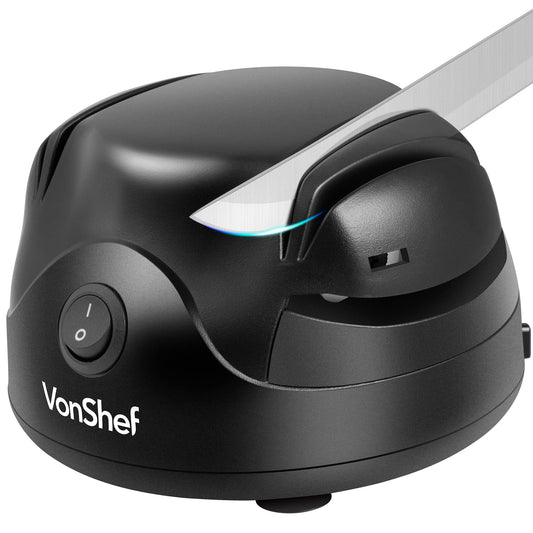 VonShef Electric Knife Sharpener ? Scissor Sharpener with Screwdriver Groove, 60W, 2 Grinding Wheels, Auto-Retractable Cord & Non-Slip Feet ? Black