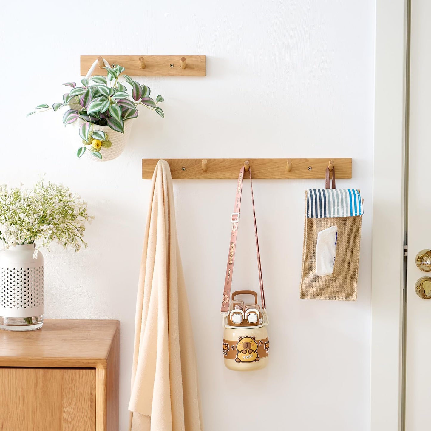 Wooden Coat Rack Wall Mounted, 60cm Hickory Wood Floating Jackets Hooks