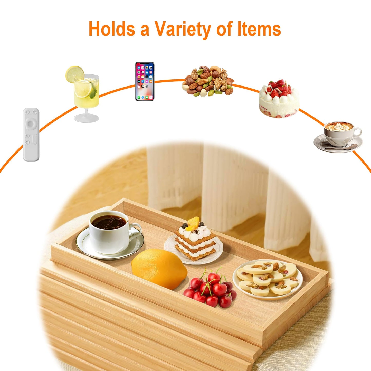YOZAIUUI Foldable Sofa Arm Tray - Anti Slip Wooden Backing