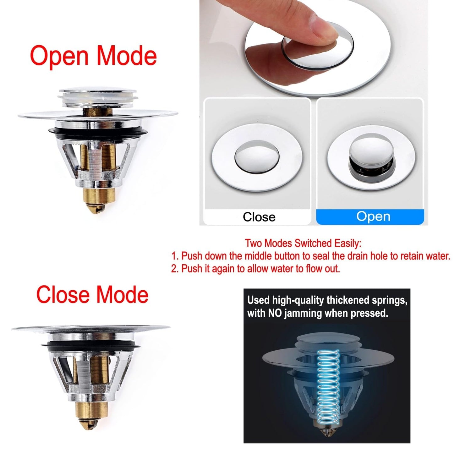 JZK Brass bathroom pop up sink plug replacement for 34-38mm drain hole, universal metal sink strainer stopper, click-clack basin waste plug basket