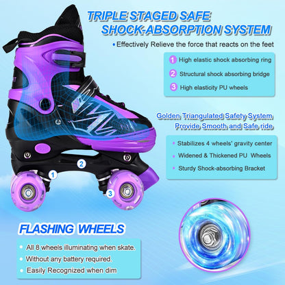 Kids Girls Boys Roller Skates For Toddler Children Beginner, 4 Sizes Adjustable Kids Roller Skates with Light Up Wheels