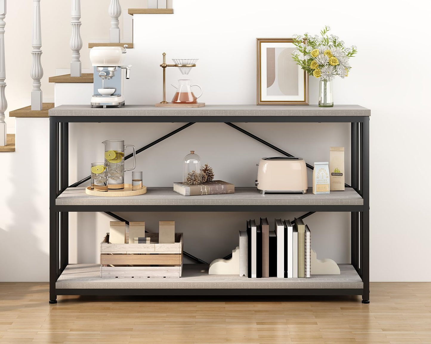 IBF 47" Gray 3 Tier Low Bookcase,Industrial Modern Short Horizontal Etagere Bookshelf