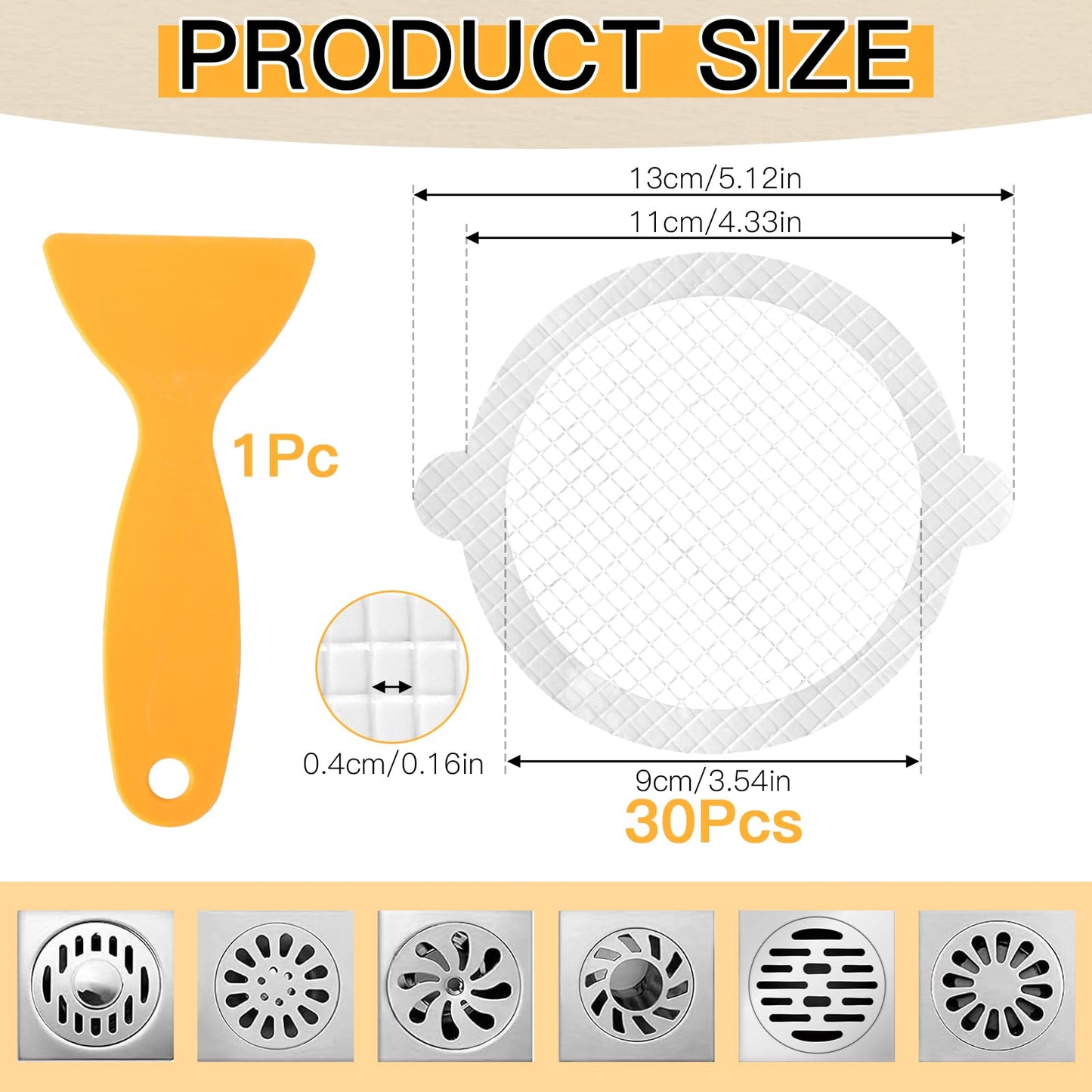 30 Pcs Drain Hair Catcher Stickers, 11 cm Circular Bath Hair Catcher Stickers with Plastic Spatula, Adhesive Shower, Shower Drain Hair Trap