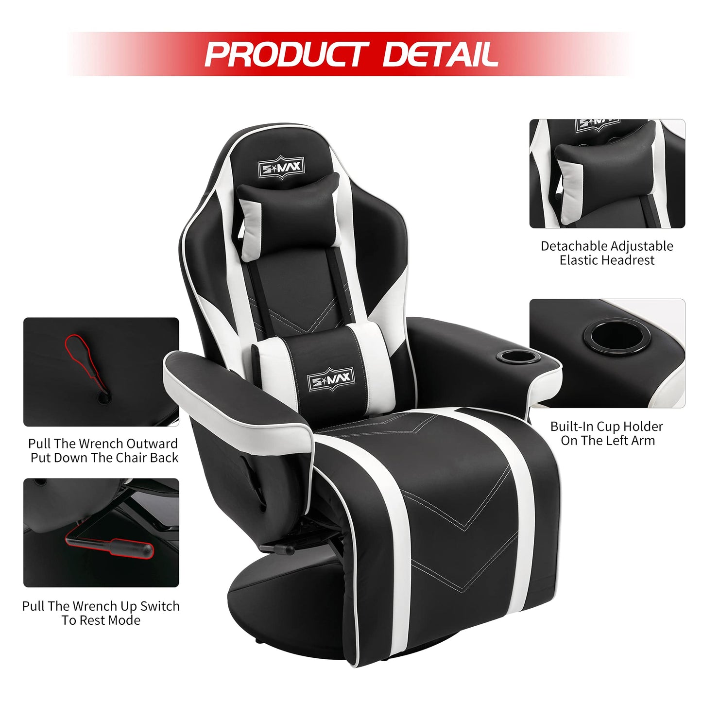 S*MAX Gaming Recliner Chair Ergonomic High Back Wide Lumbar Support Swivel PU Leather Cup Holder Adjustable Backrest Footrest Gaming Chair for Adults