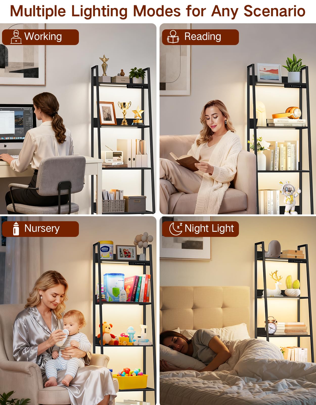 OUTONLIFE 5-Tier Small Ladder Shelf with LED Lights, Touch & Remote Control, 3 Color Temperatures, Dimmable Tall Corner Standing Bookcase